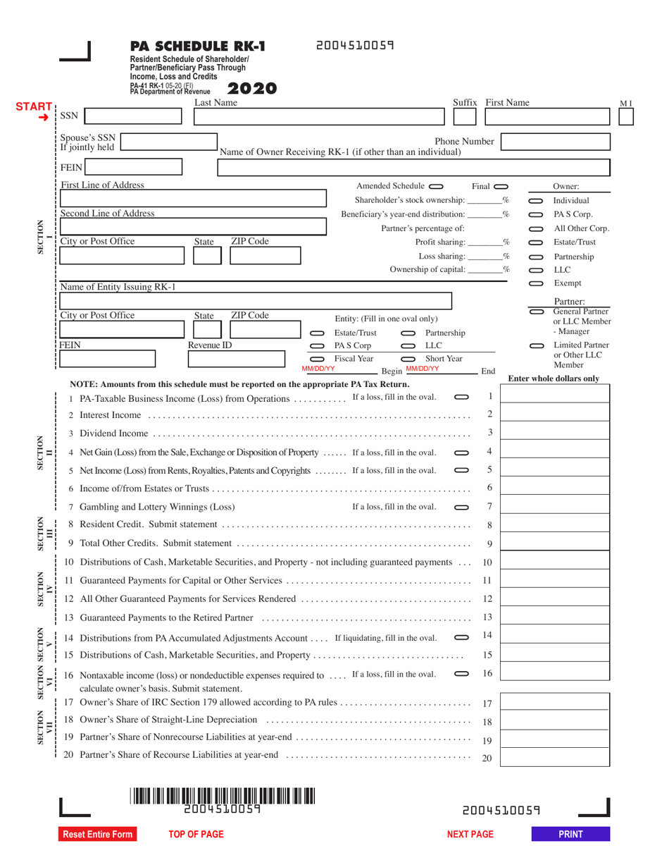 Form PA-41 Schedule RK-1 Download Fillable PDF or Fill Online Resident Form PA-41 Schedule RK-1 Download Fillable PDF or Fill Online Resident