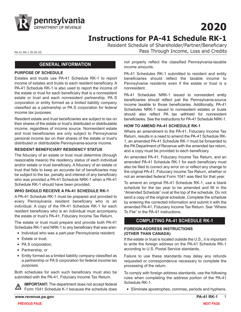 Form PA-41 Schedule RK-1 Resident Schedule of Shareholder / Partner / Beneficiary Pass Through Income, Loss and Credits - Pennsylvania, Page 3