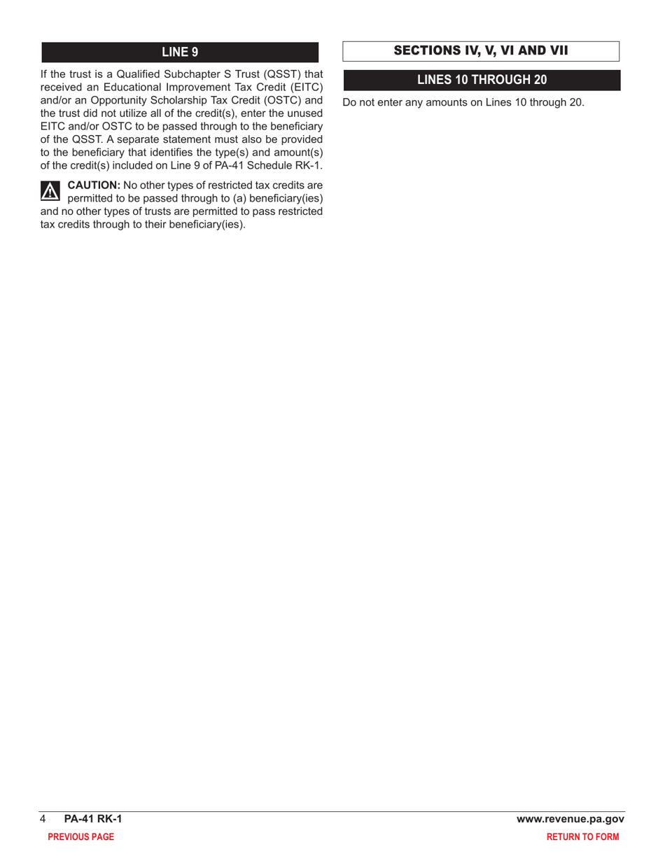 Form PA-41 Schedule RK-1 Resident Schedule of Shareholder / Partner / Beneficiary Pass Through Income, Loss and Credits - Pennsylvania, Page 6