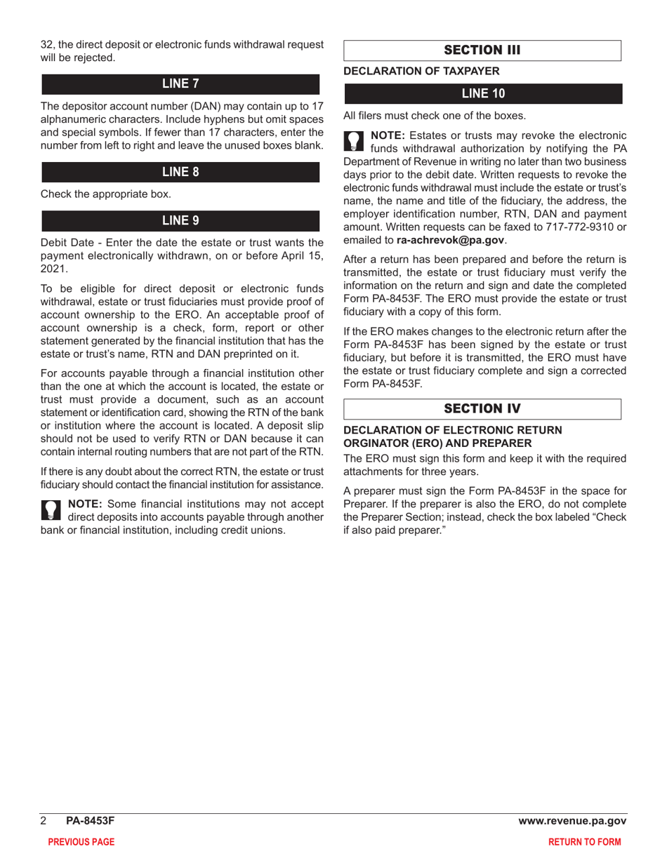 Form PA-8453F Pennsylvania Fiduciary Income Tax Declaration for Electronic Filing - Pennsylvania, Page 4