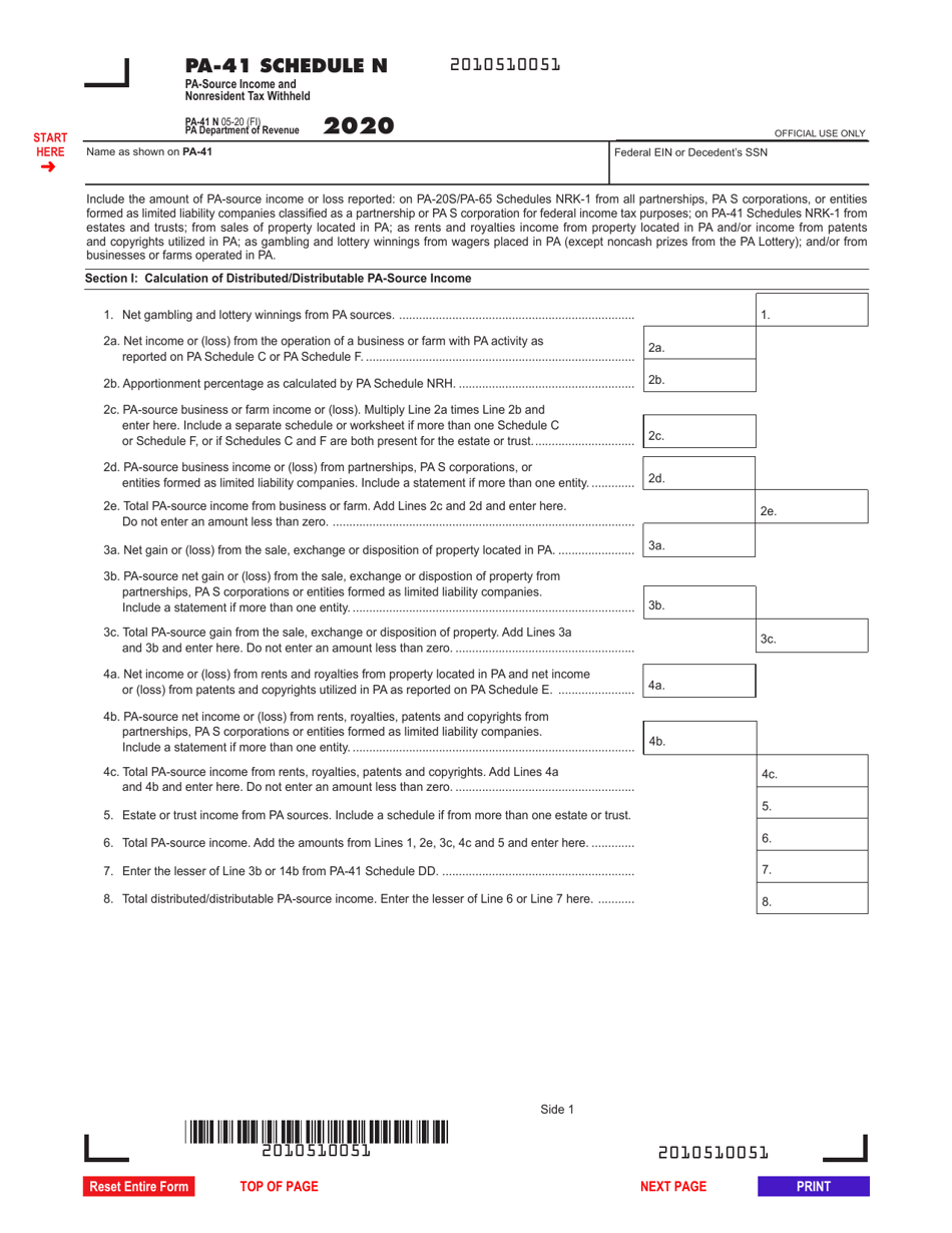 Form PA 41 Schedule N Download Fillable PDF Or Fill Online Pa Source 