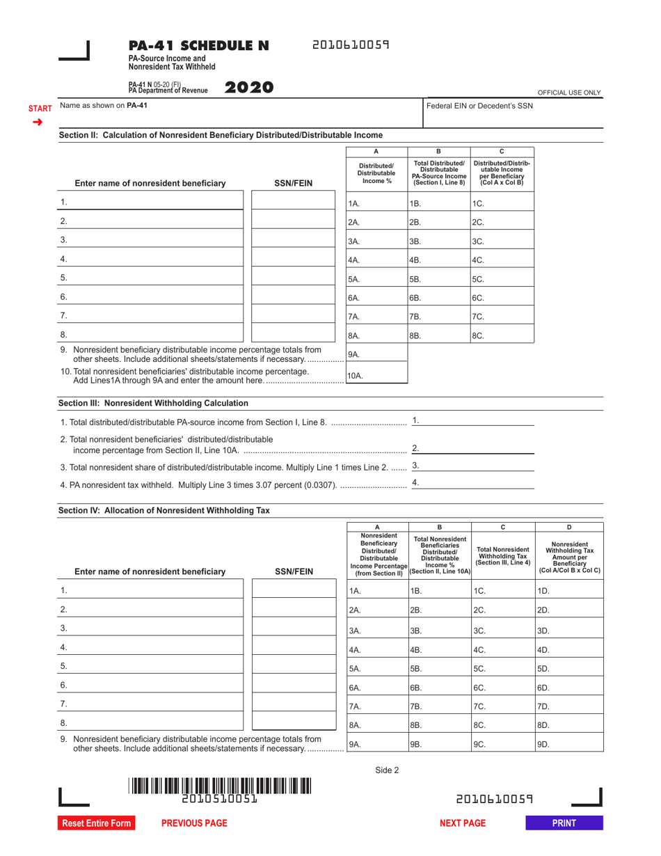 Form PA-41 Schedule N Pa-Source Income and Nonresident Tax Withheld - Pennsylvania, Page 2