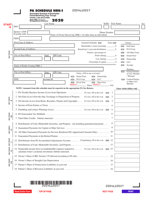 Form PA-41 Schedule NRK-1 2020 Printable Pdf