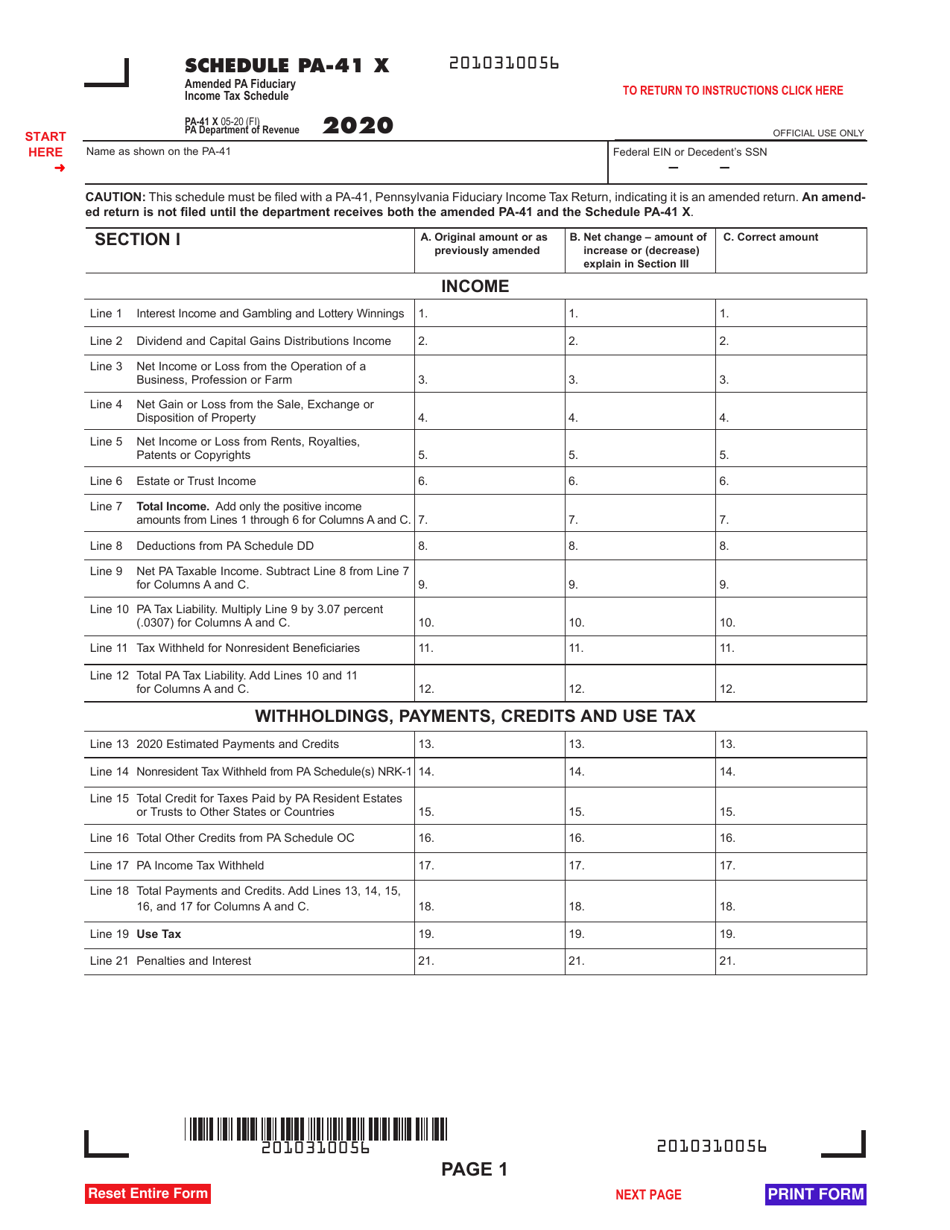 Form PA-41 Schedule PA-41 X Amended Pa Fiduciary Income Tax Schedule - Pennsylvania, Page 1