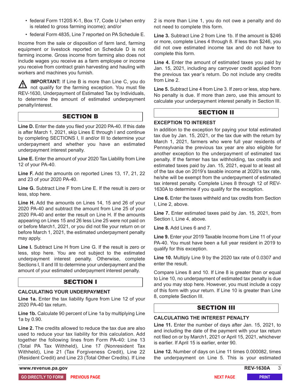 Form REV-1630A Underpayment of Estimated Tax by Individual Farmers - Pennsylvania, Page 5