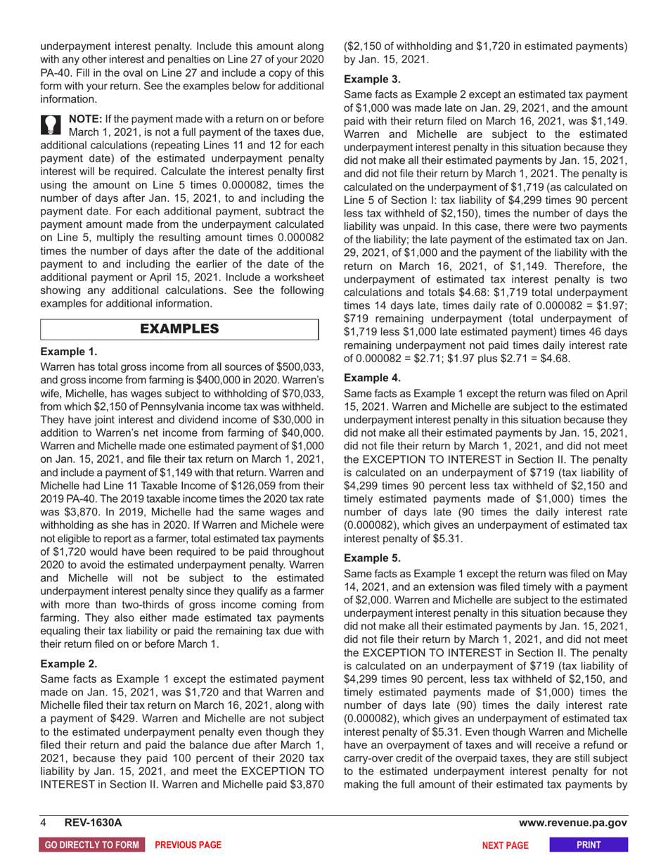 Form REV-1630A Underpayment of Estimated Tax by Individual Farmers - Pennsylvania, Page 6