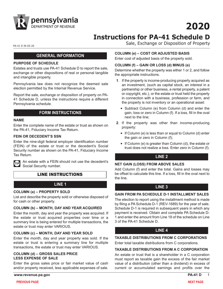 Form PA-41 Schedule D Sale, Exchange or Disposition of Property - Pennsylvania, Page 3
