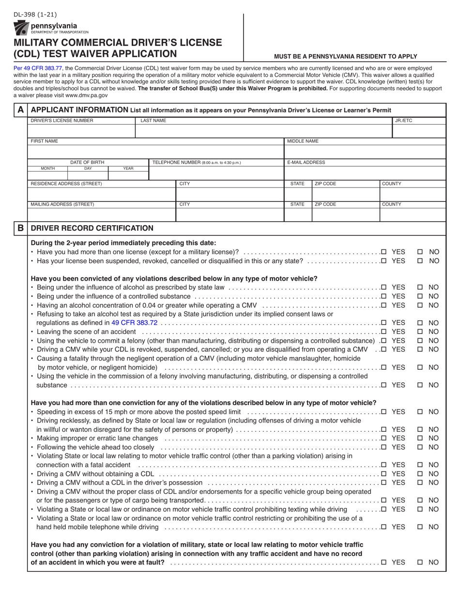 Form Dl 398 Download Fillable Pdf Or Fill Online Military Commercial Driver S License Cdl Test Waiver Application Pennsylvania Templateroller