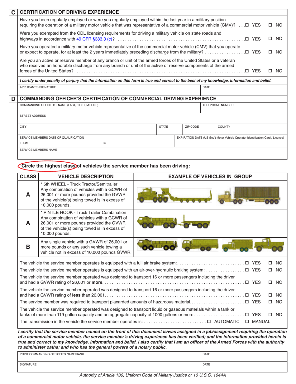 Form DL-398 Download Fillable PDF or Fill Online Military Commercial ...