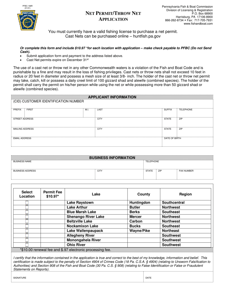 Form PFBC-168R Net Permit / Throw Net Application - Pennsylvania, Page 1
