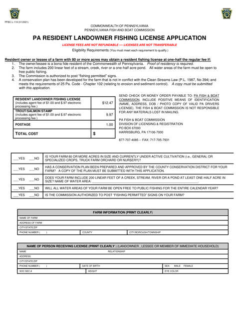 Form PFBC-L-119 Pa Resident Landowner Fishing License Application - Pennsylvania