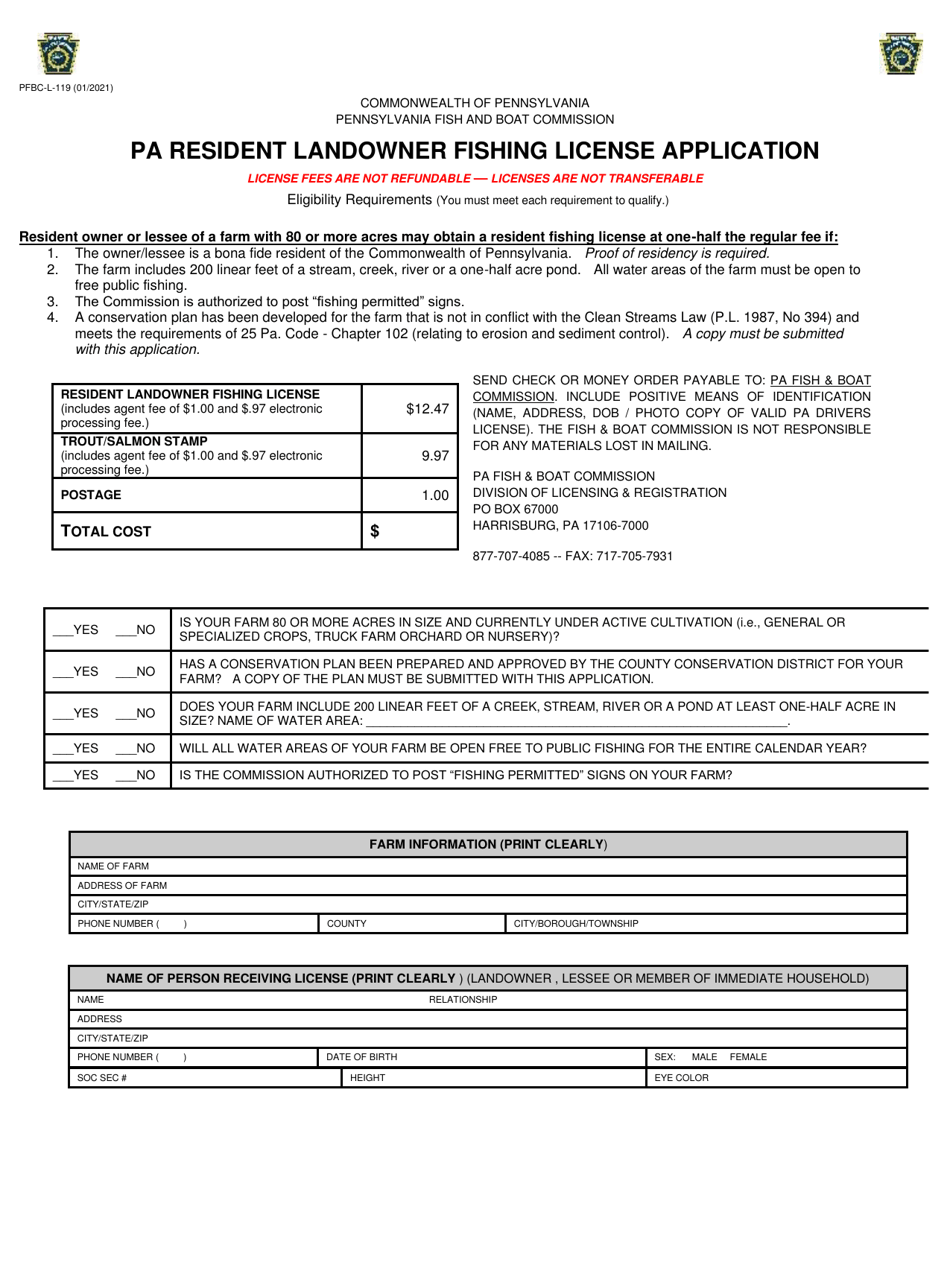 Form PFBC-L-119 Pa Resident Landowner Fishing License Application - Pennsylvania, Page 1