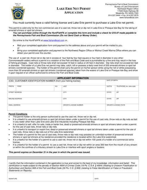 Form PFBC-170 Lake Erie Net Permit Application - Pennsylvania