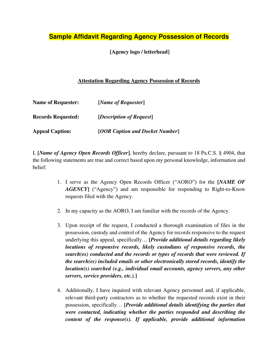 Sample Affidavit Regarding Agency Possession of Records - Pennsylvania, Page 1