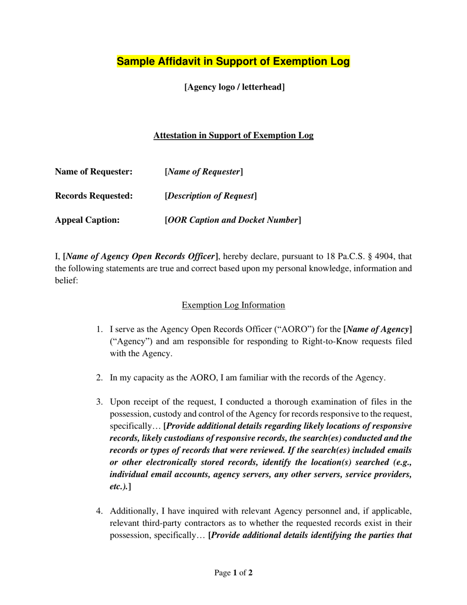 Sample Affidavit in Support of Exemption Log - Pennsylvania, Page 1