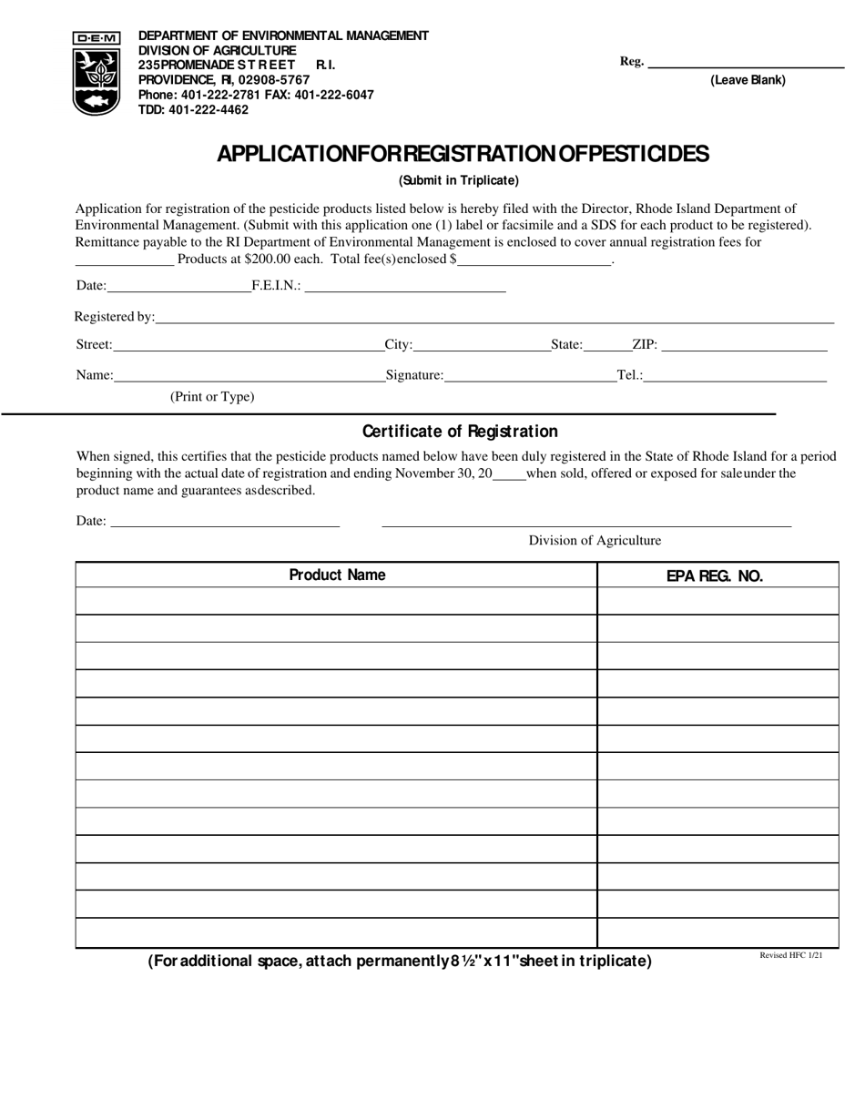 Application for Registration of Pesticides - Rhode Island, Page 1