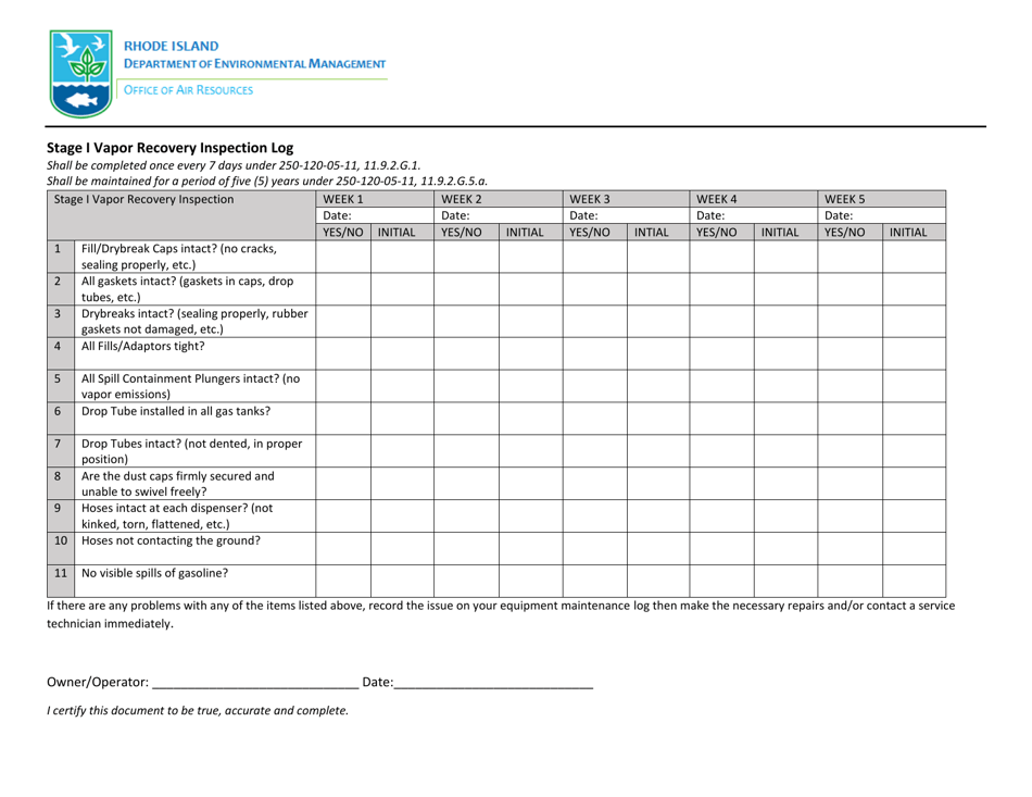Stage I Vapor Recovery Inspection Log - Rhode Island, Page 1