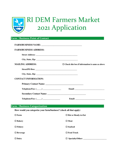 Farmers Market Application - Rhode Island, 2021