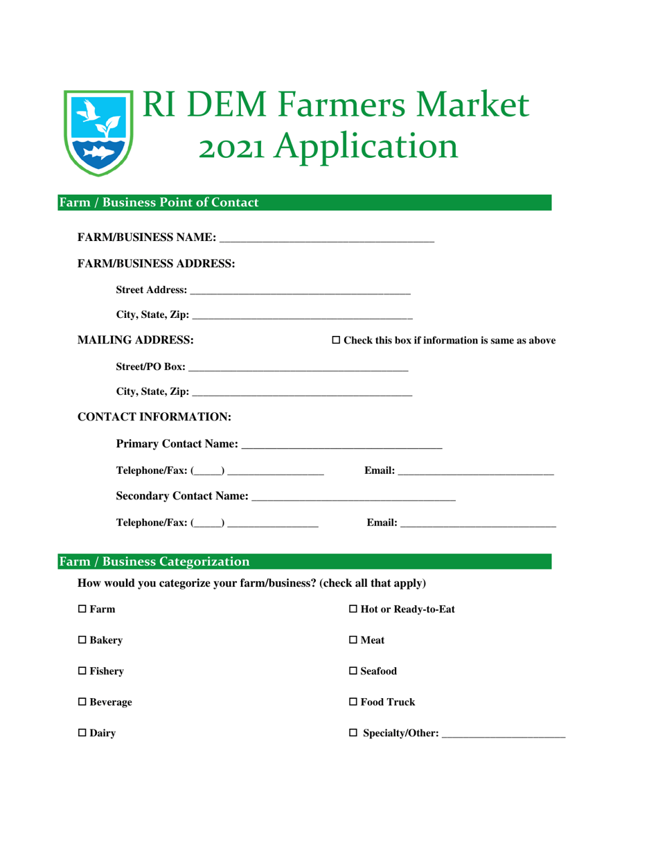 2021 Rhode Island Farmers Market Application Download Fillable PDF