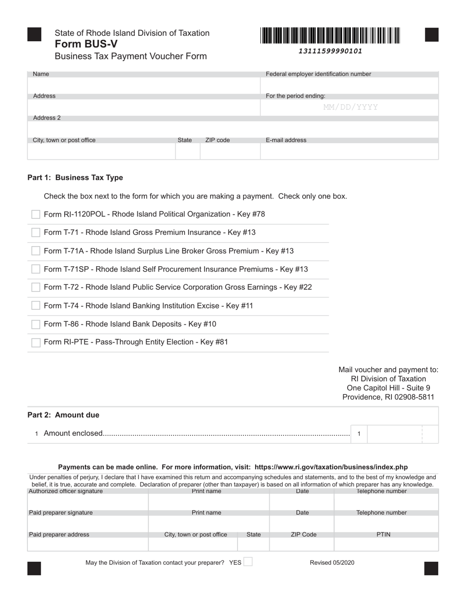 Form BUS-V Business Tax Payment Voucher Form - Rhode Island, Page 1