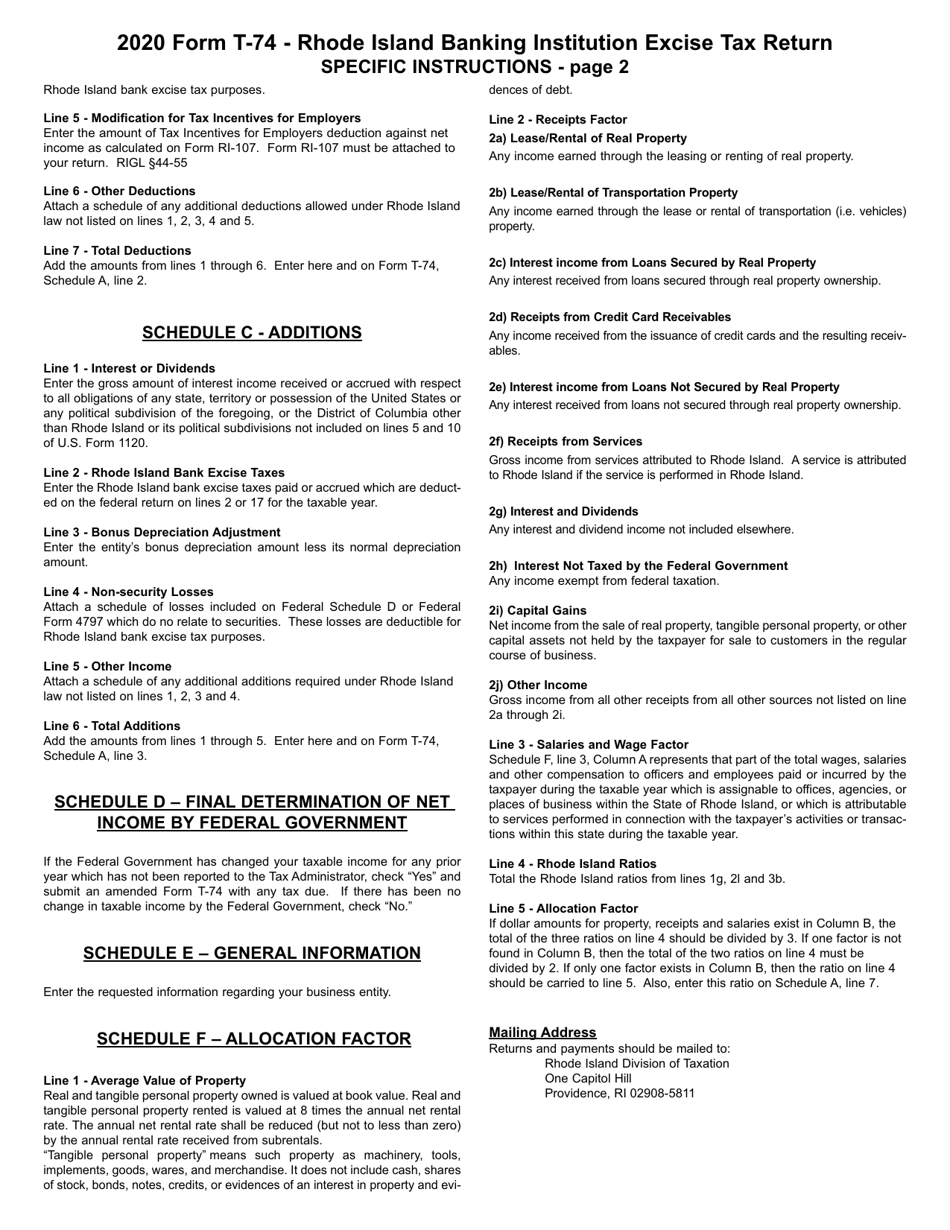Instructions for Form T-74 Banking Institution Excise Tax Return - Rhode Island, Page 2