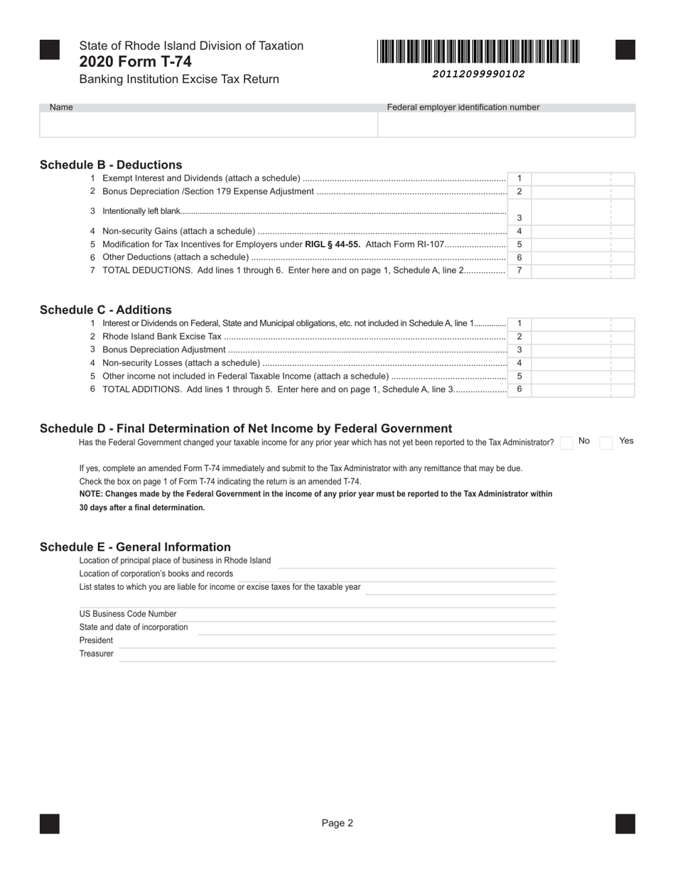 Form T-74 Banking Institution Excise Tax Return - Rhode Island, Page 2