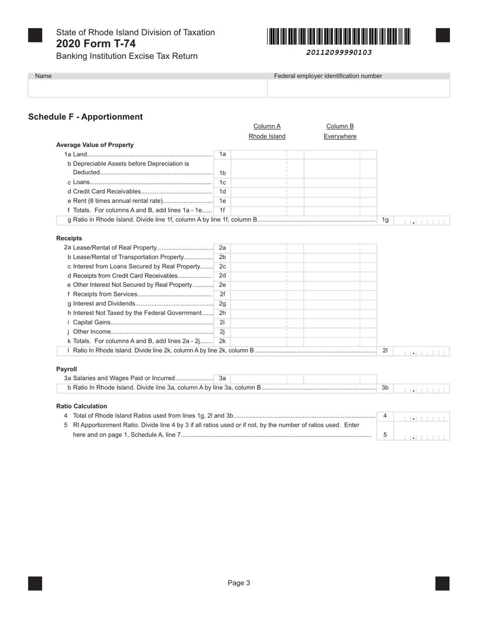 Form T-74 Banking Institution Excise Tax Return - Rhode Island, Page 3