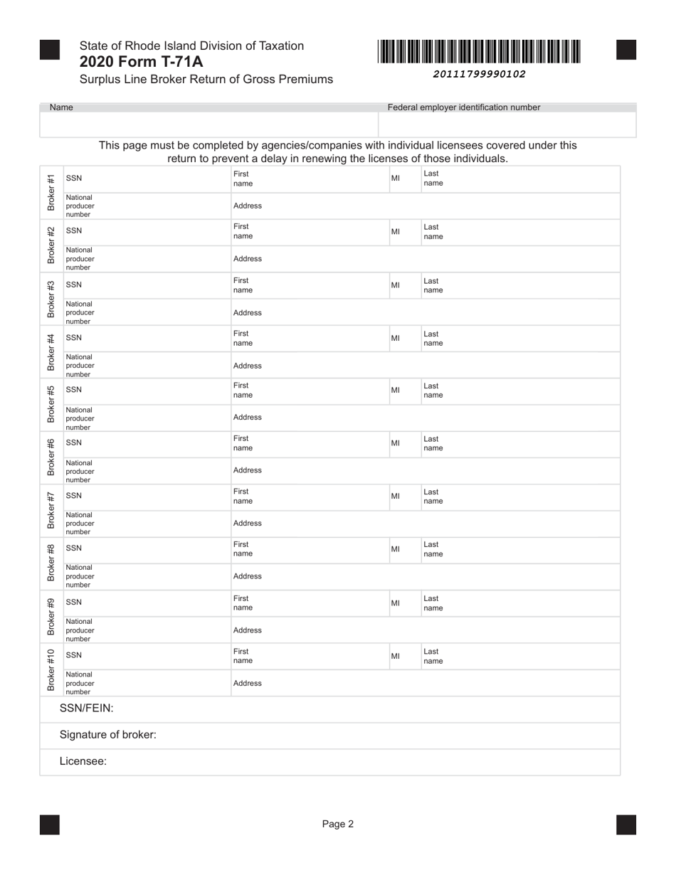 Form T-71A Surplus Line Broker Return of Gross Premiums - Rhode Island, Page 2