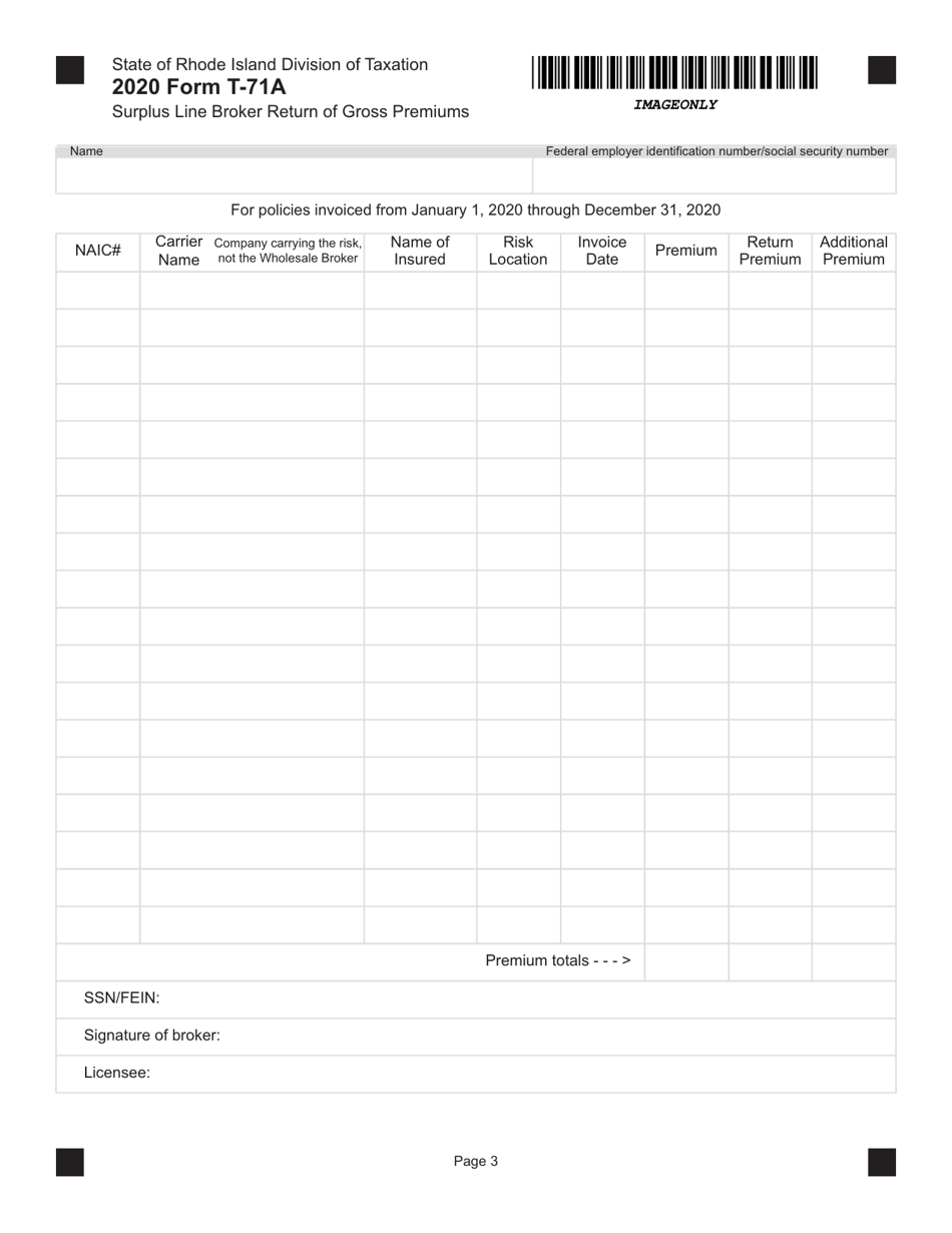 Form T-71A Surplus Line Broker Return of Gross Premiums - Rhode Island, Page 3