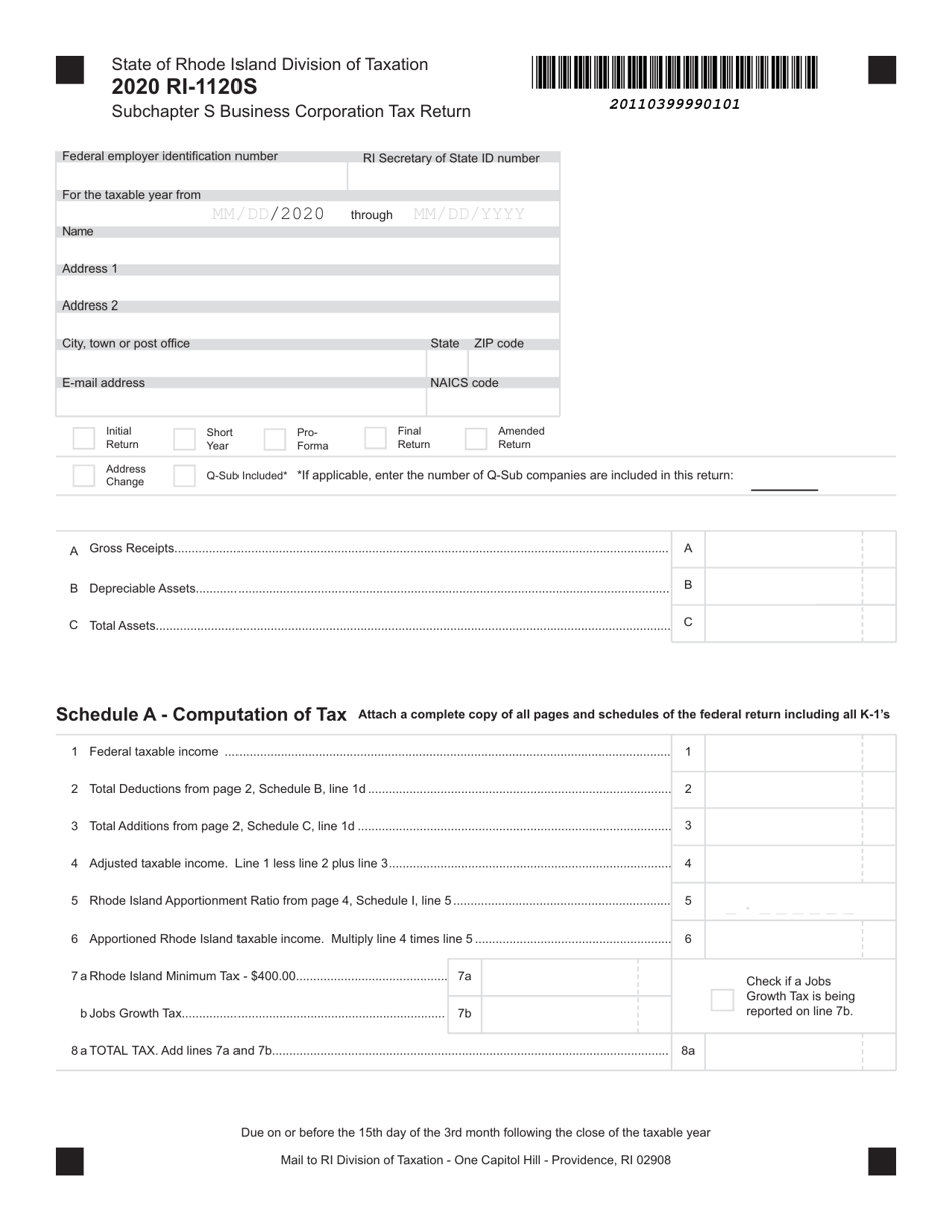 Form RI-1120S Subchapter S Business Corporation Tax Return - Rhode Island, Page 1