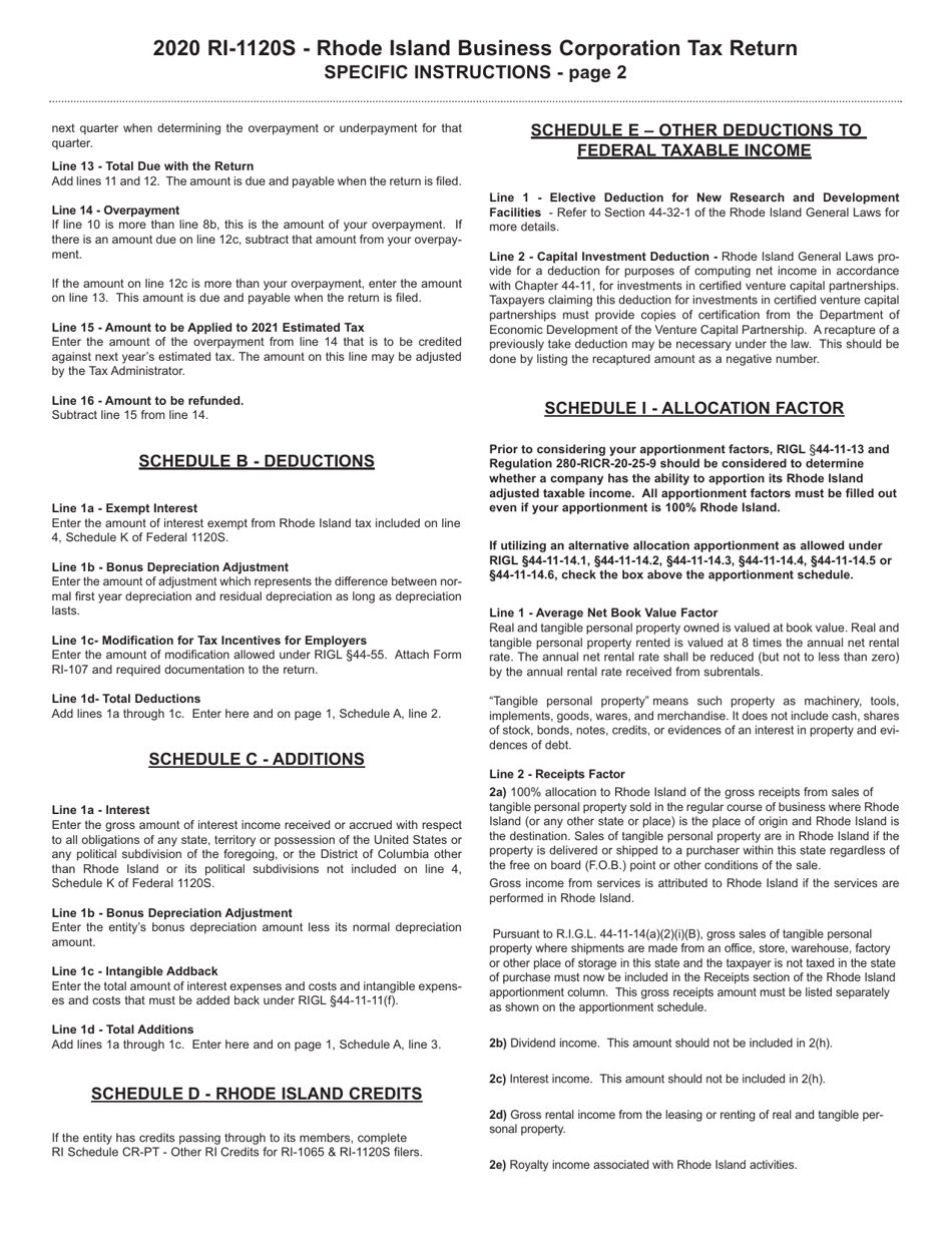 Instructions for Form RI-1120S Subchapter S Business Corporation Tax Return - Rhode Island, Page 2