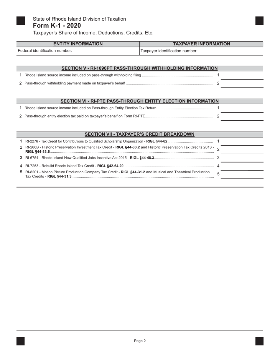 Schedule K-1 Taxpayers Share of Income, Deductions, Credits, Etc. - Rhode Island, Page 2