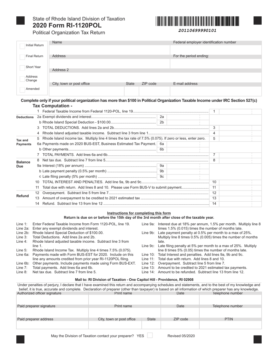Form RI-1120POL Political Organization Tax Return - Rhode Island, Page 1