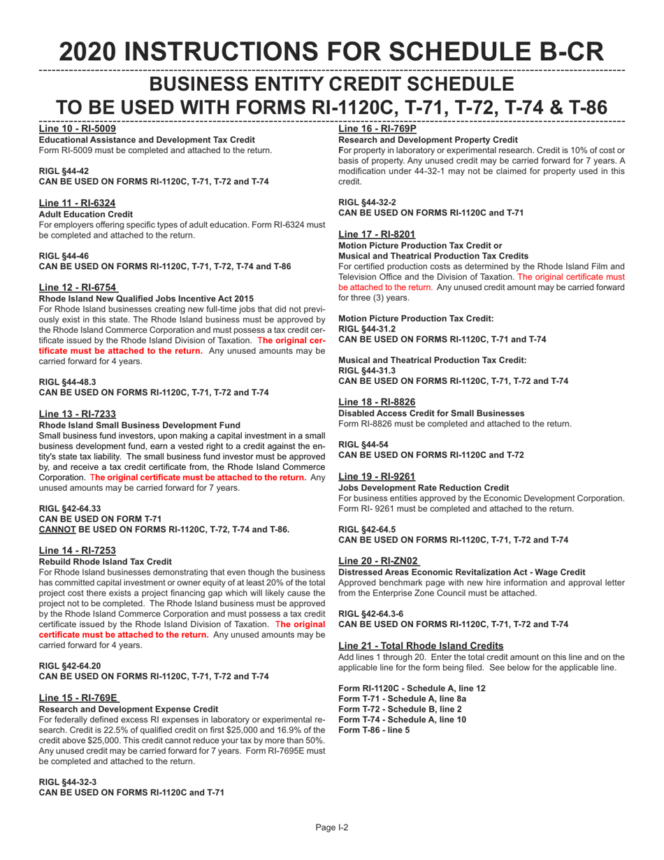 Instructions for Schedule B-CR Business Entity Credit Schedule - Rhode Island, Page 2