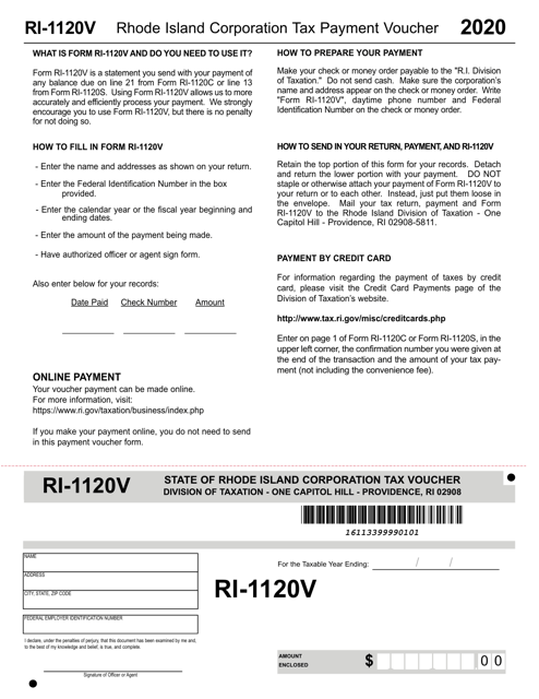 Form RI-1120V Rhode Island Corporation Tax Payment Voucher - Rhode Island, 2020