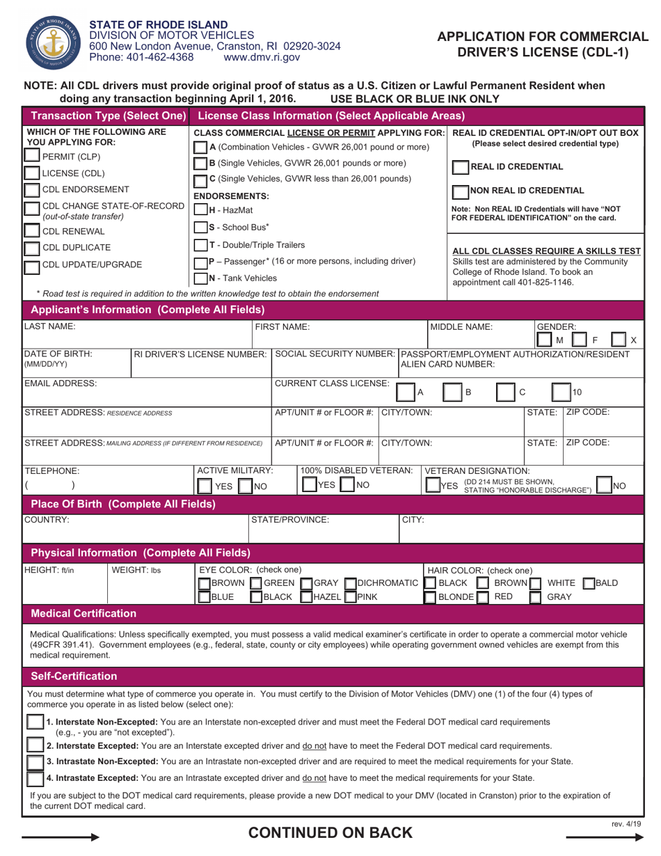 Form CDL-1 Application for Commercial Drivers License - Rhode Island, Page 1