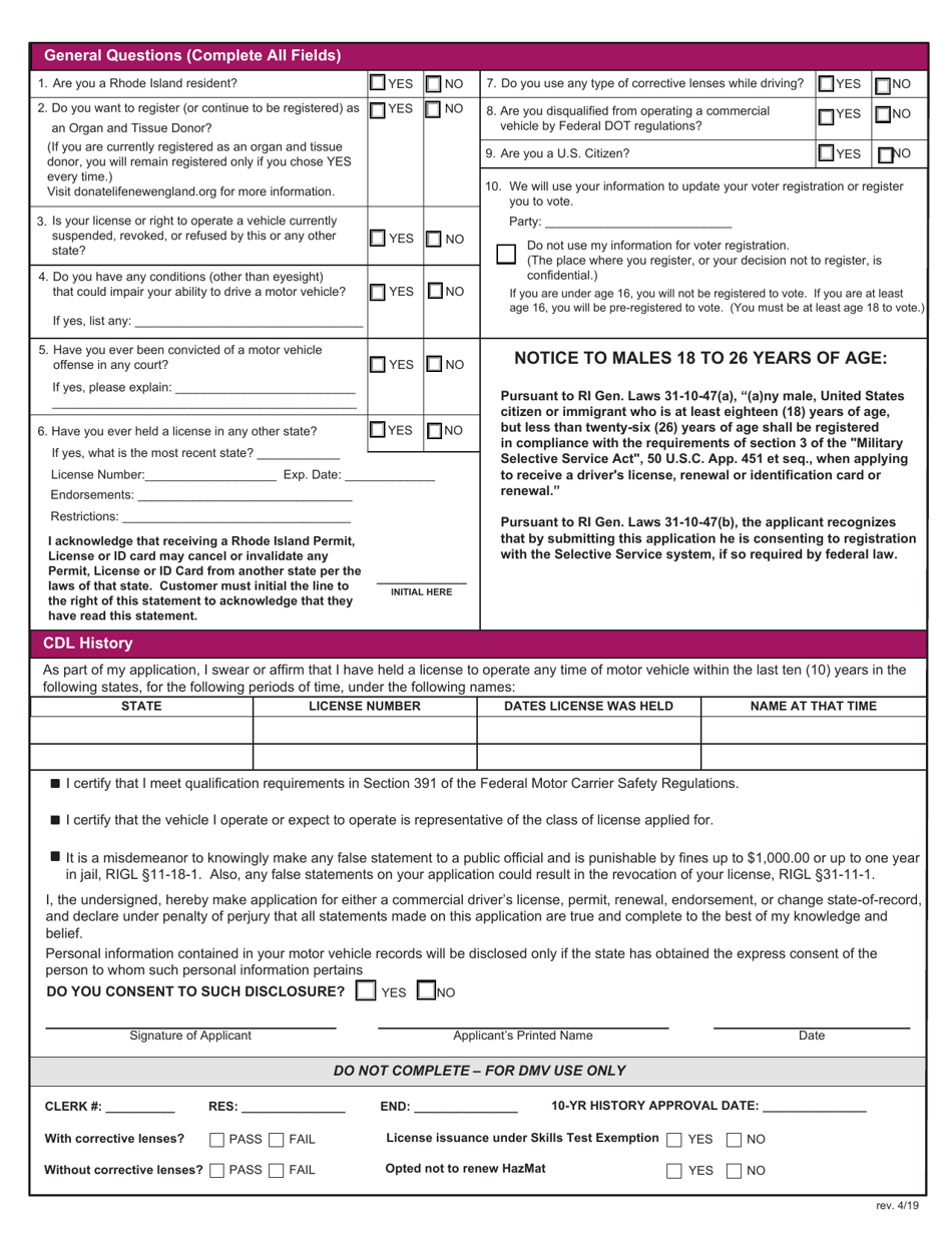 Form CDL-1 Application for Commercial Drivers License - Rhode Island, Page 2
