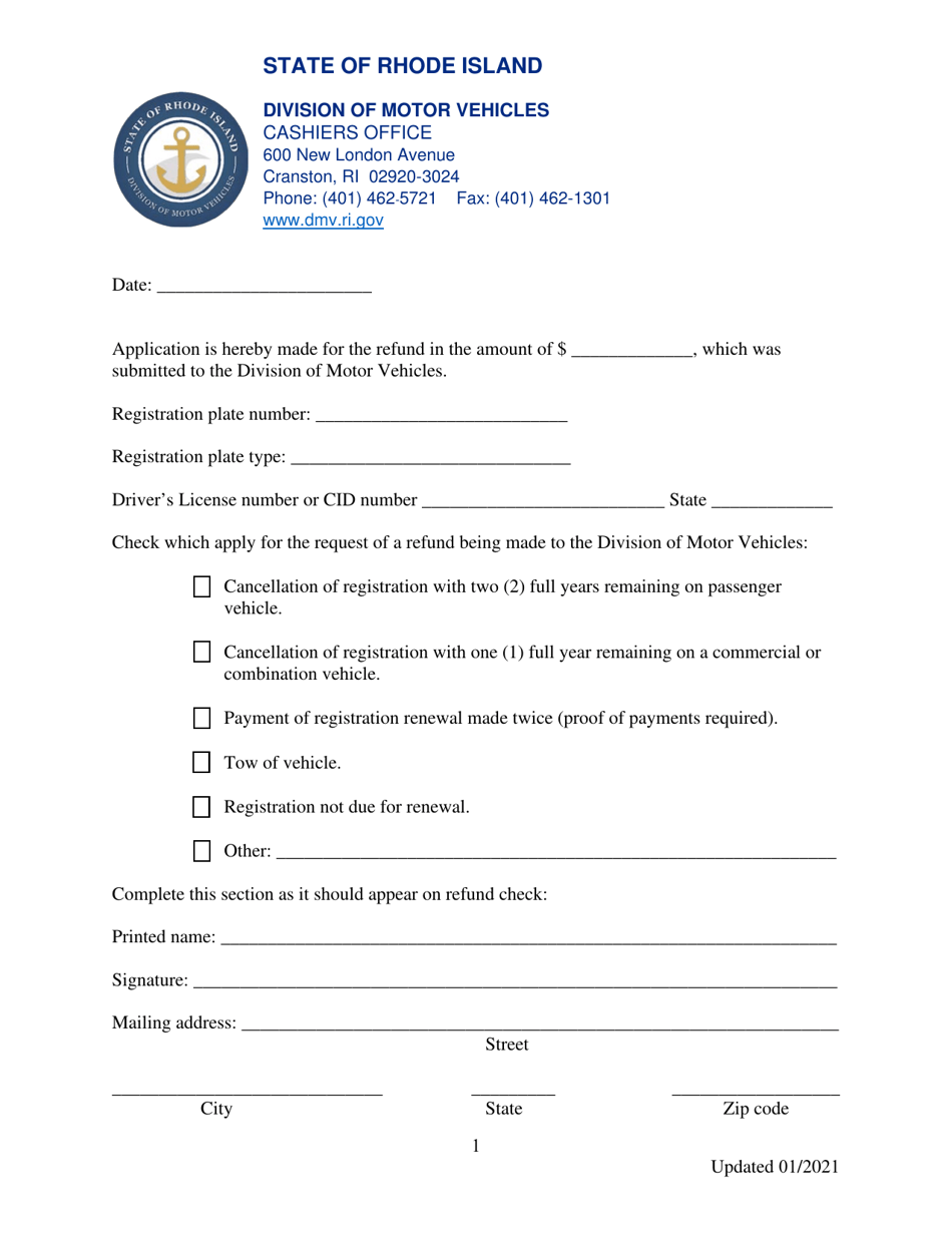 Refund Application - Rhode Island, Page 1