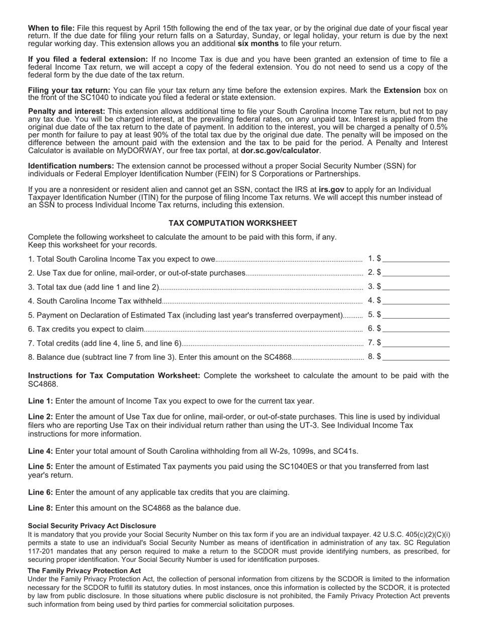 Form SC4868 Request for Extension of Time to File - South Carolina, Page 2