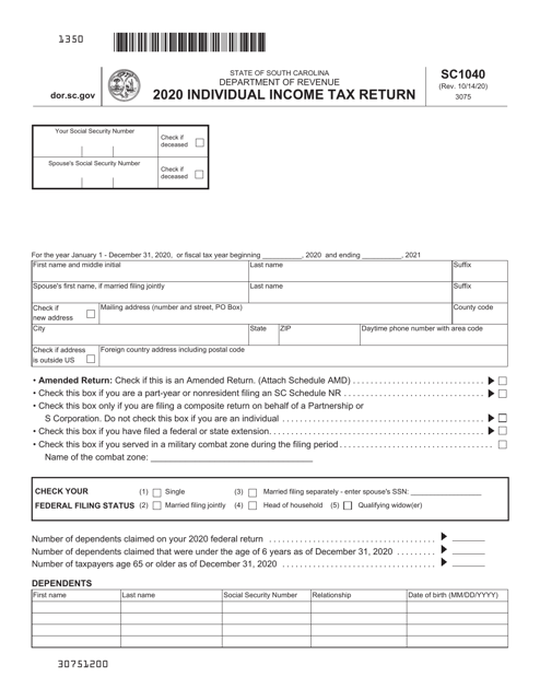 Form SC1040 Individual Income Tax Return - South Carolina, 2020