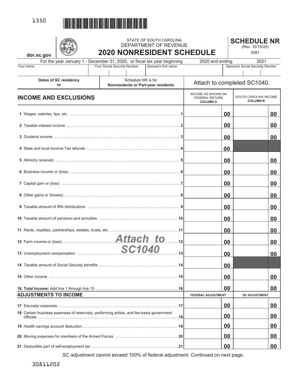 Schedule NR Download Printable PDF or Fill Online Nonresident Schedule