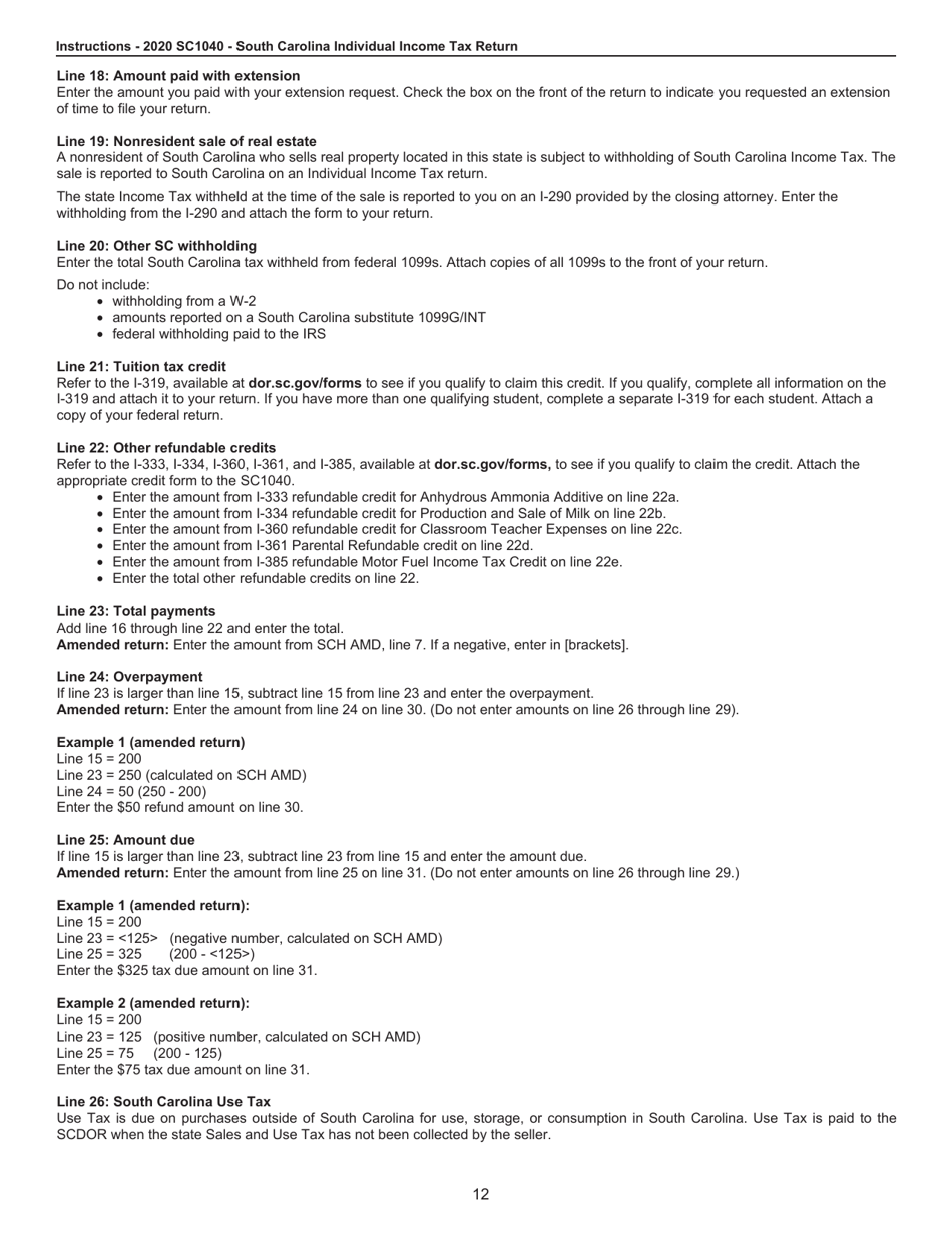 Instructions for Form SC1040 Individual Income Tax Return - South Carolina, Page 12