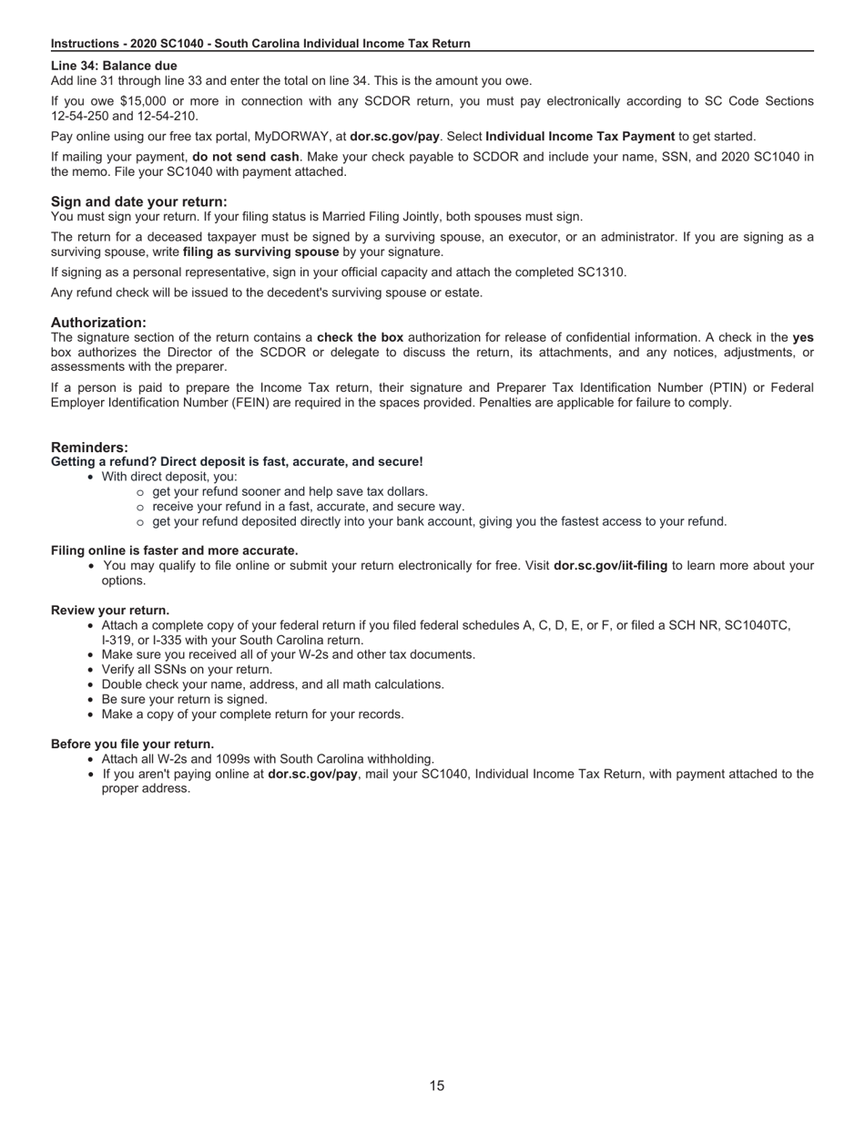 Instructions for Form SC1040 Individual Income Tax Return - South Carolina, Page 15
