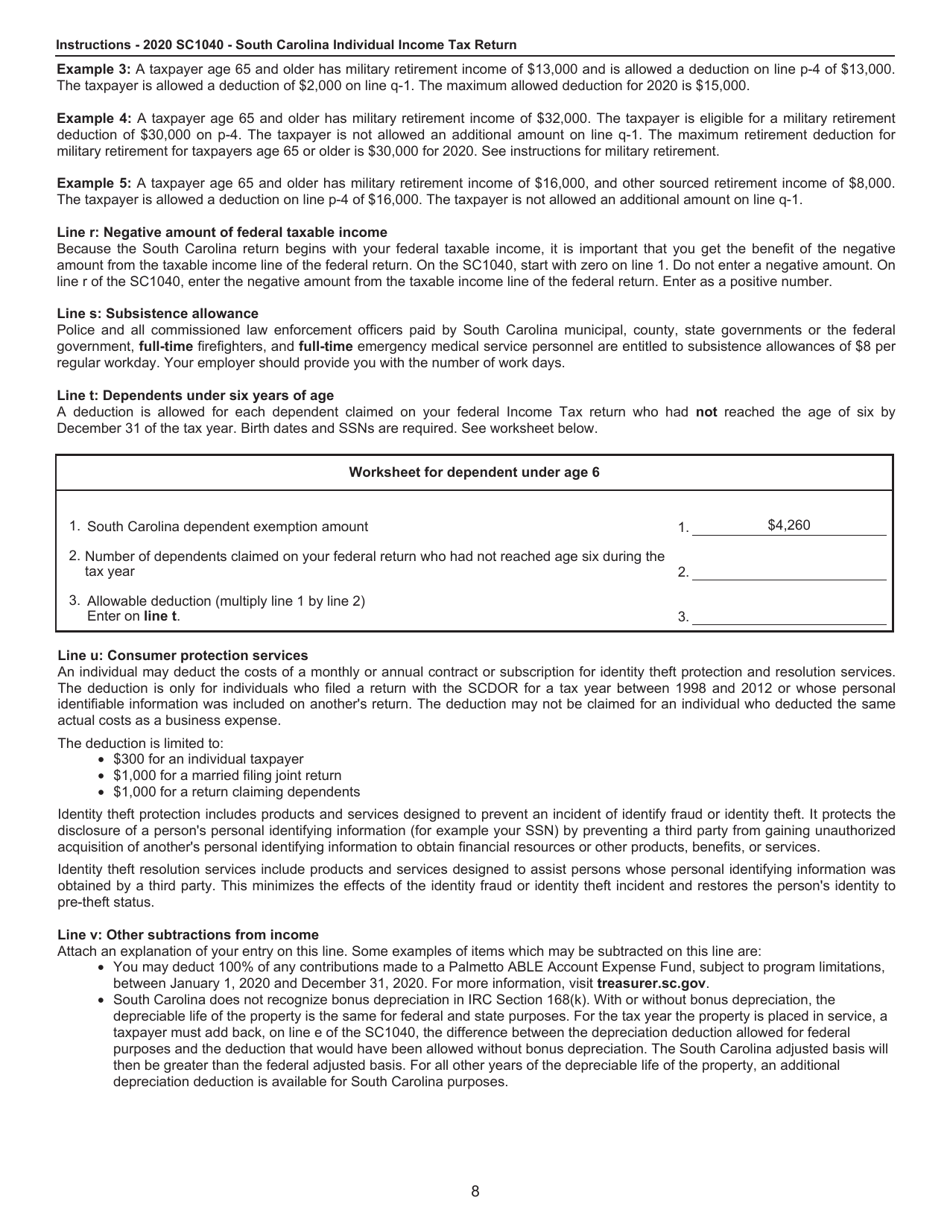 Instructions for Form SC1040 Individual Income Tax Return - South Carolina, Page 8