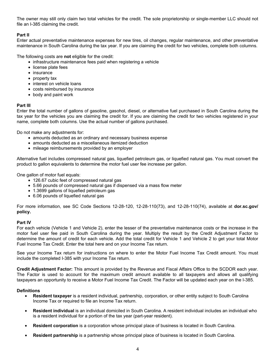 Form I-385 Motor Fuel Income Tax Credit - South Carolina, Page 4