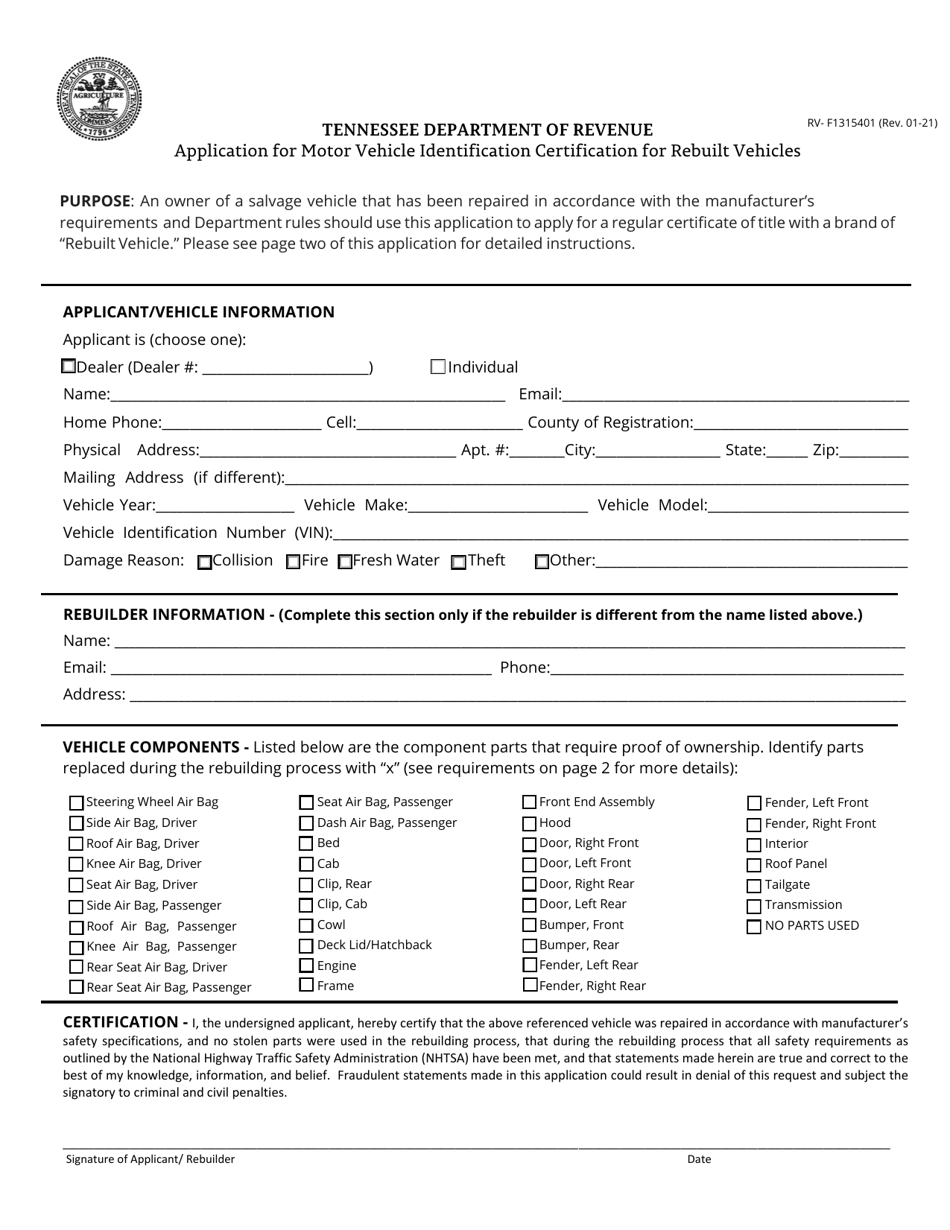 Form RV-F1315401 Application for Motor Vehicle Identification Certification for Rebuilt Vehicles - Tennessee, Page 1