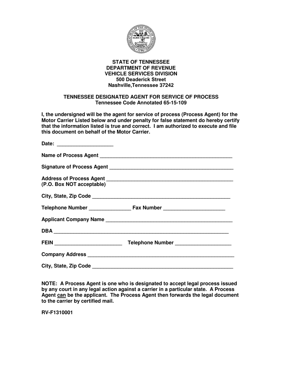 Form RV-F1310001 Tennessee Designated Agent for Service of Process - Tennessee, Page 1