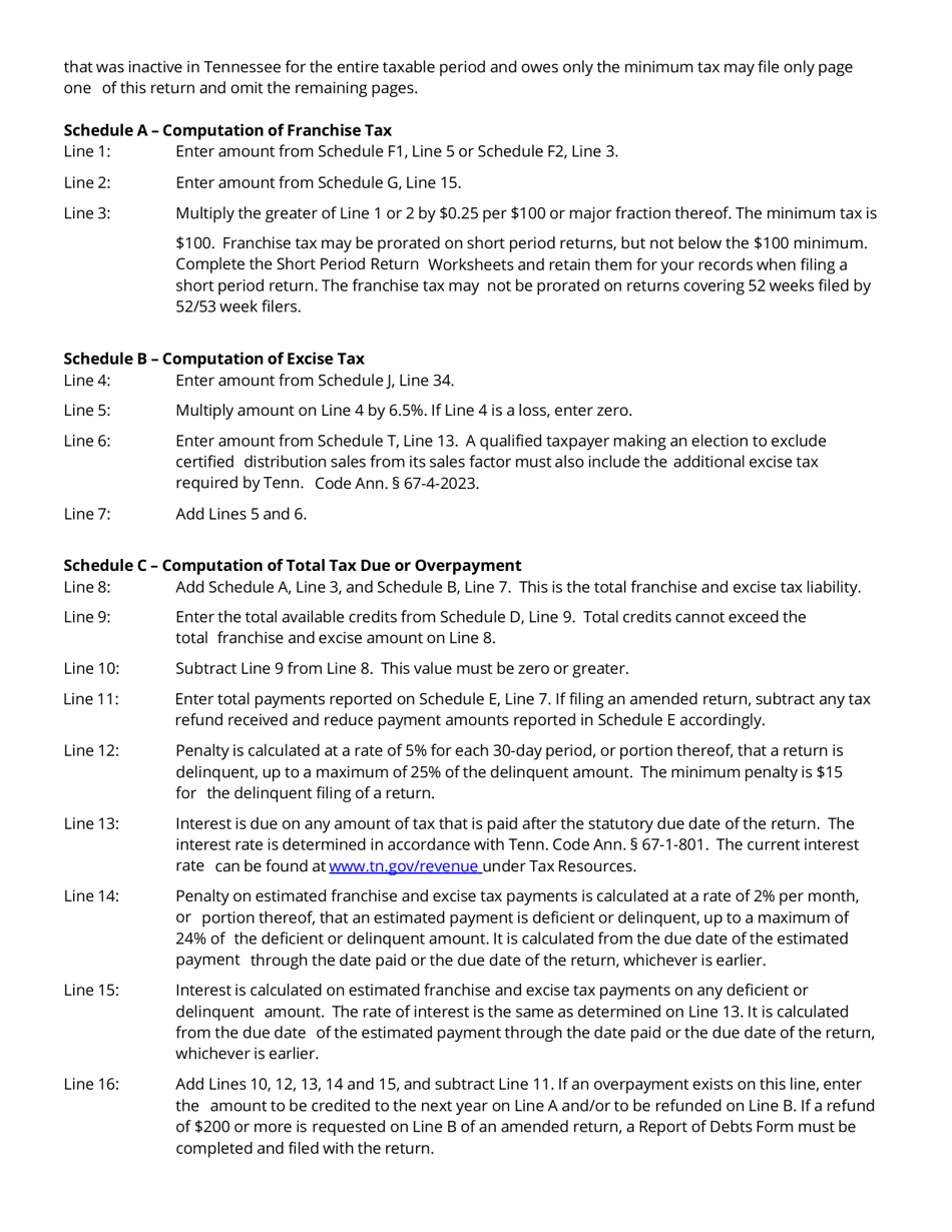 Instructions for Form FAE170, RV-R0011001 Franchise and Excise Tax Return - Tennessee, Page 2