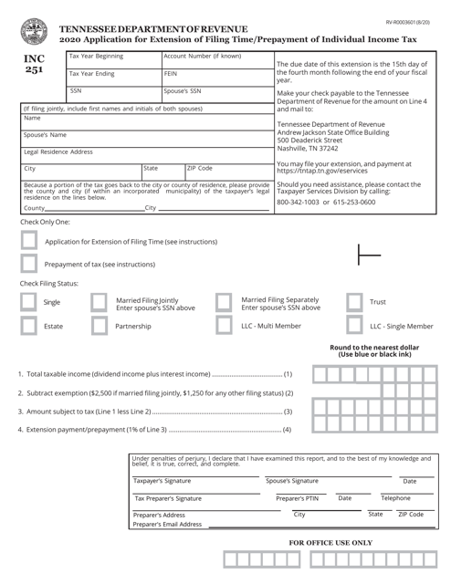 Form INC251 (RV-R0003601) Application for Extension of Filing Time/Prepayment of Individual Income Tax - Tennessee, 2020