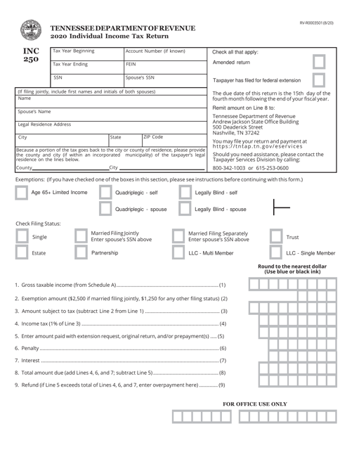 Form INC250 (RV-R0003501) Individual Income Tax Return - Tennessee, 2020